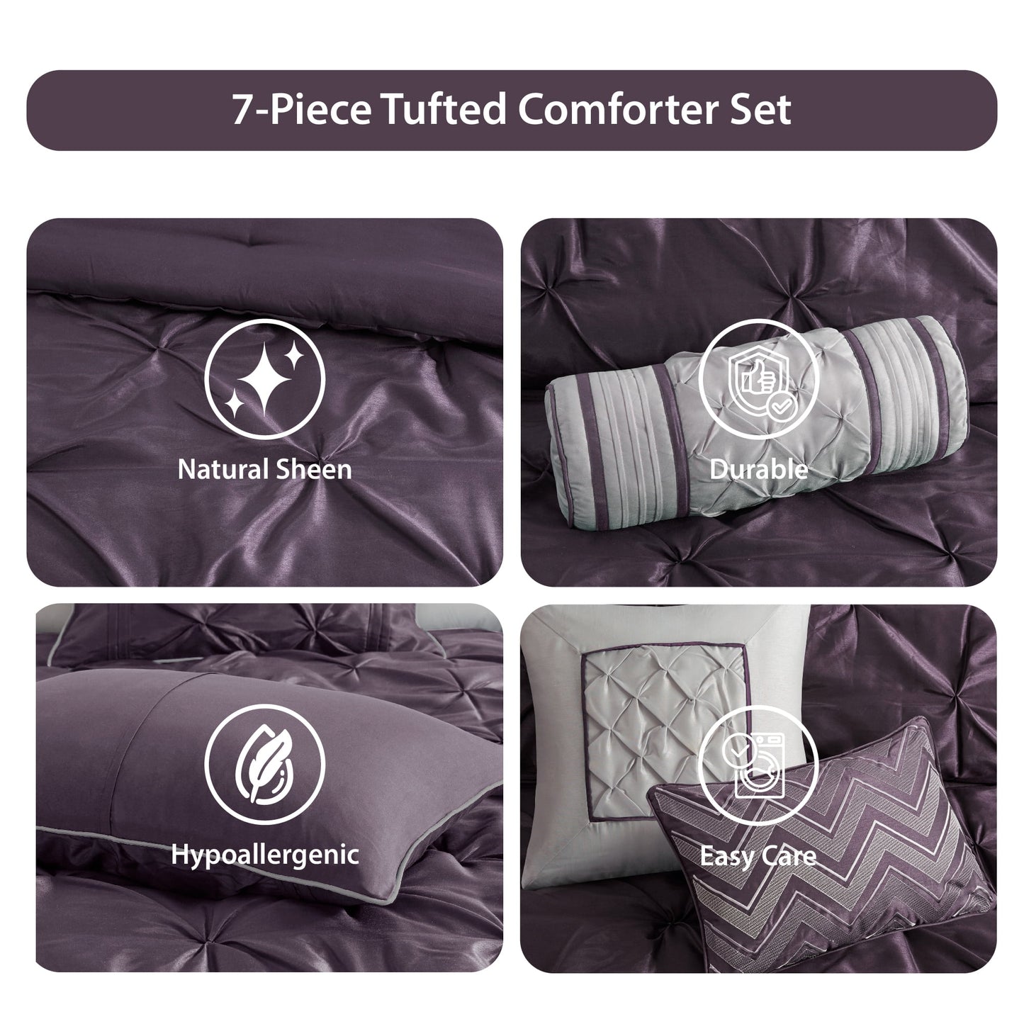 Tufted Pintuk Bed in a Bag Bed Set, Satin Luxury Grey Comforter Bedding Set with Decor Pillow