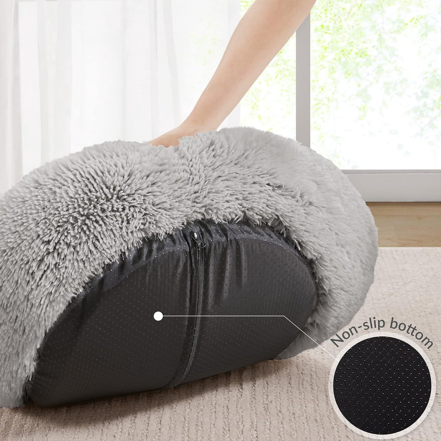 Donut Dog Bed Faux Fur Fluffy Calming Sofa For Small Dogs, Soft Plush Anti Anxiety Pet Couch For Dogs, Machine Washable Pet Bed with Non-Slip Bottom