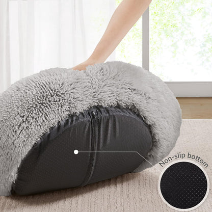Donut Dog Bed Faux Fur Fluffy Calming Sofa For Small Dogs, Soft Plush Anti Anxiety Pet Couch For Dogs, Machine Washable Pet Bed with Non-Slip Bottom