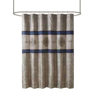 Traditional Embroidered Medallion Bathroom Shower Curtain with 12 Button Holes