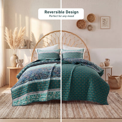 Boho Floral Reversible Patchwork Quilt Set with Pillowcases