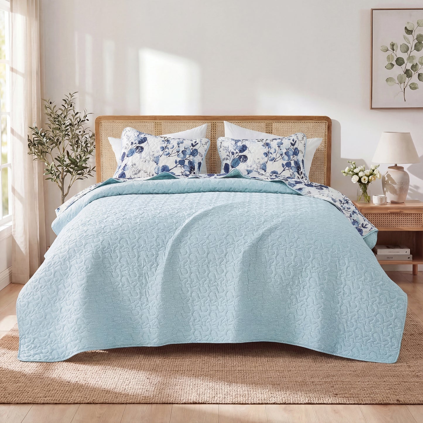 Floral Botanical Garden Style Quilt Bedspread with Sham