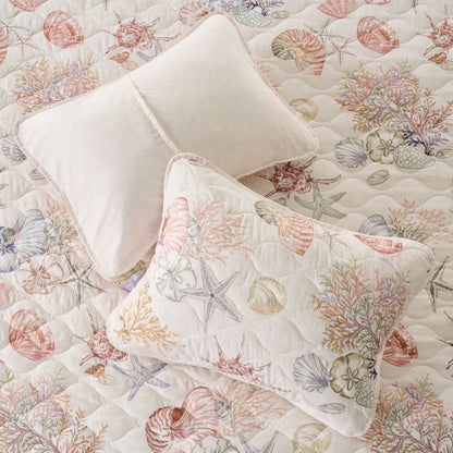 Coastal Quilt Set with Shams, Beach Themed Starfish & Seaweed Print Bedspread Coverlet