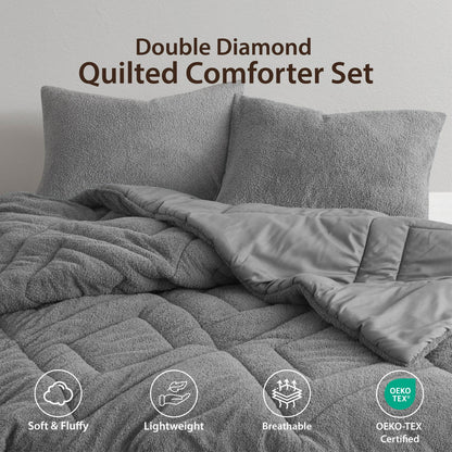 Double Diamond Quilted Teddy Comforter Set