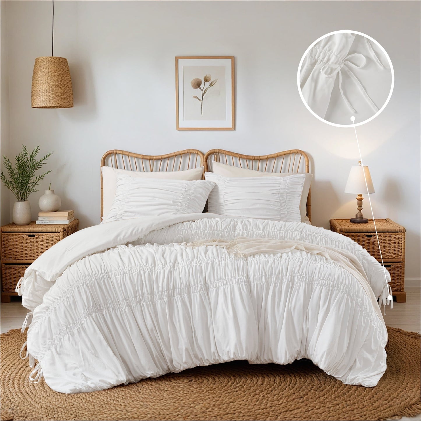 Romantic French Country Ruched Plush Comforter Set with Bow Ties