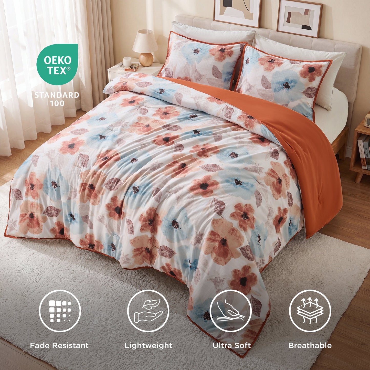Reversible Floral Bedding Set, Cozy Botanical Flowers Seersucker Comforter Bed Set with Sheets and Pillowcases