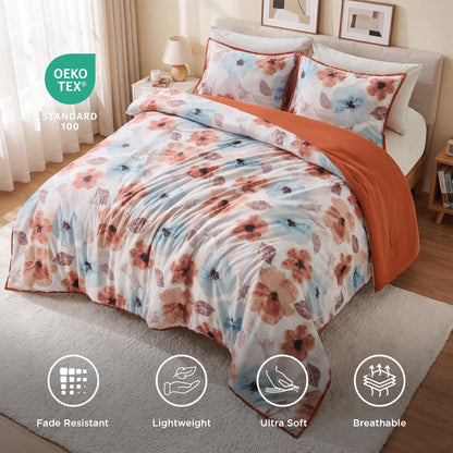 Reversible Floral Bedding Set, Cozy Botanical Flowers Seersucker Comforter Bed Set with Sheets and Pillowcases