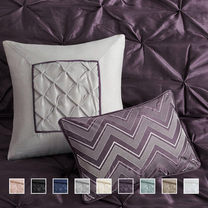 Tufted Pintuk Bed in a Bag Bed Set, Satin Luxury Grey Comforter Bedding Set with Decor Pillow
