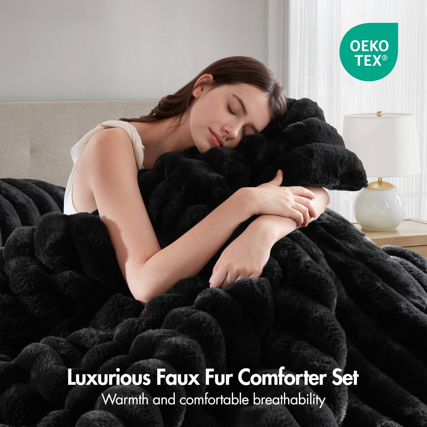 Faux Fur Fluffy Ribbed Bedding Comforter Set