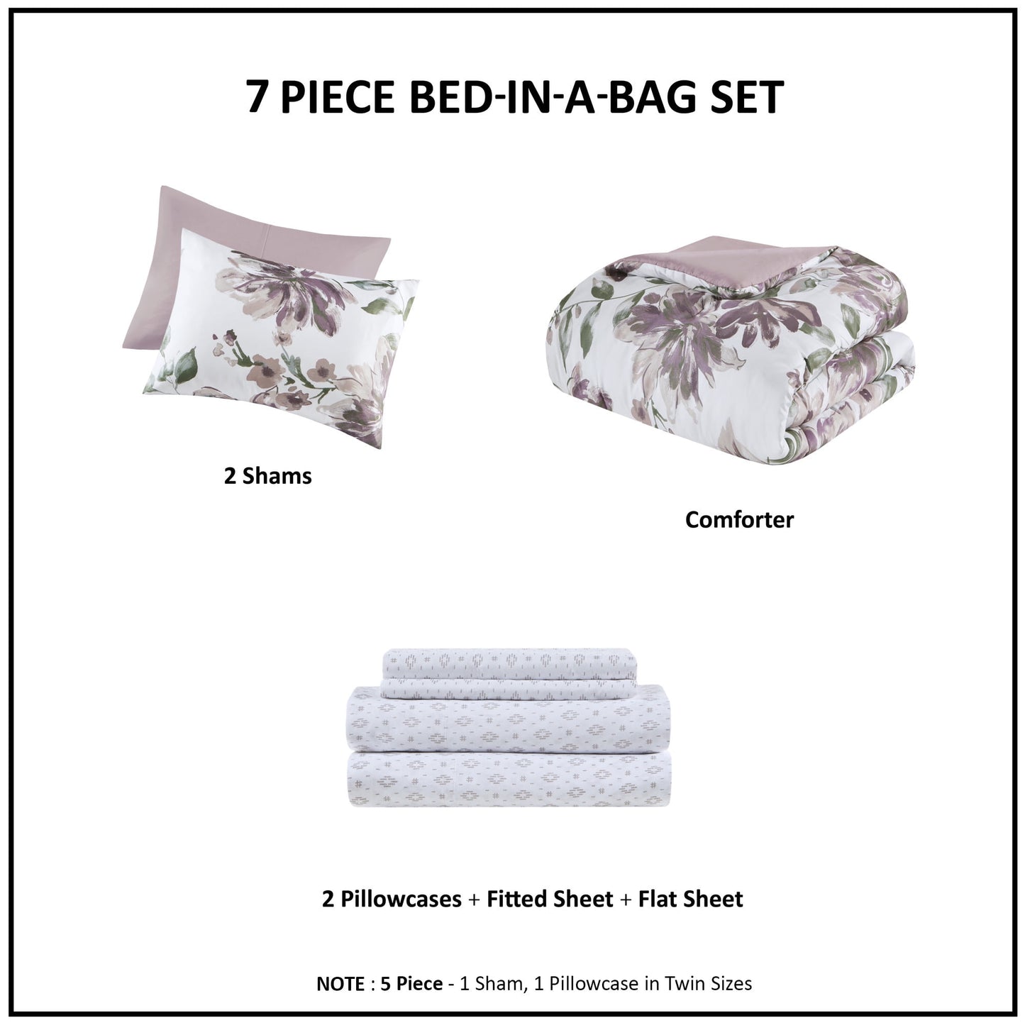 7-Piece Floral Comforter Set, Soft Brushed Bed in A Bag with Bed Sheets, Mauve