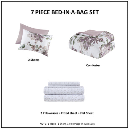 7-Piece Floral Comforter Set, Soft Brushed Bed in A Bag with Bed Sheets, Mauve