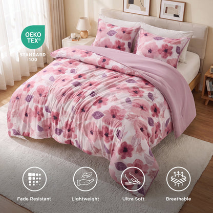 Reversible Floral Bedding Set, Cozy Botanical Flowers Seersucker Comforter Bed Set with Sheets and Pillowcases