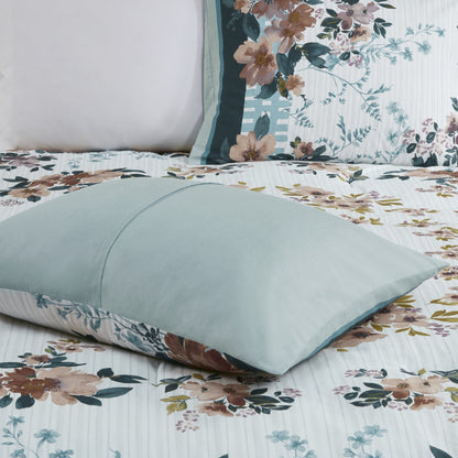 5 Piece Cotton Floral Comforter Set with Throw Pillows in Teal