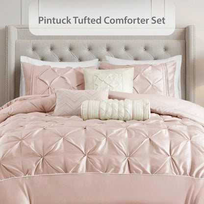 Tufted Pintuk Bed in a Bag Bed Set, Satin Luxury Grey Comforter Bedding Set with Decor Pillow