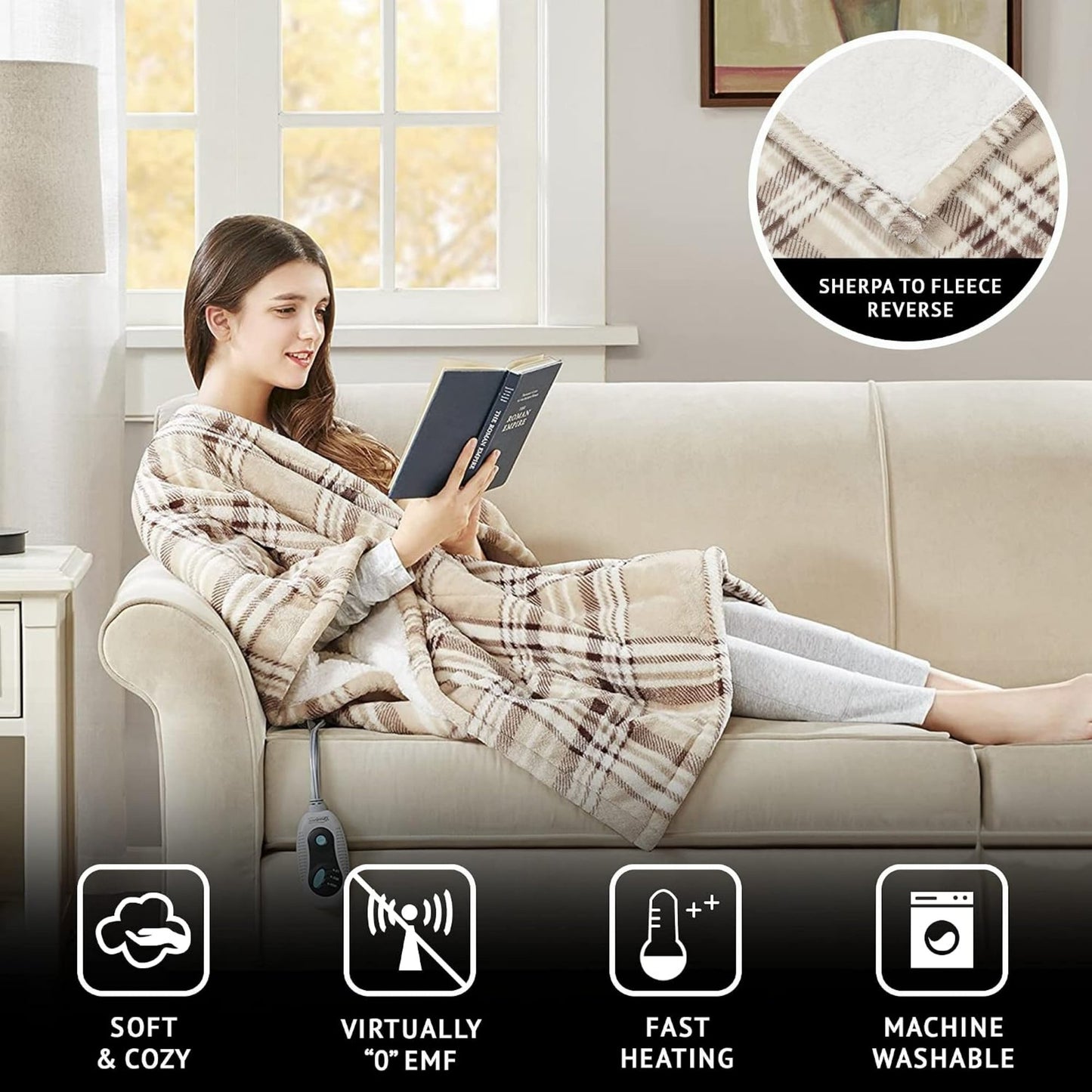 Heated Berber Wrap Damask Sherpa Snuggle Electric Throw Blanket