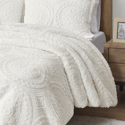 Full/Queen Embroidered Faux Fur Ultra Plush Duvet Cover Set - Ivory