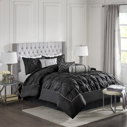 Tufted Pintuk Bed in a Bag Bed Set, Satin Luxury Grey Comforter Bedding Set with Decor Pillow