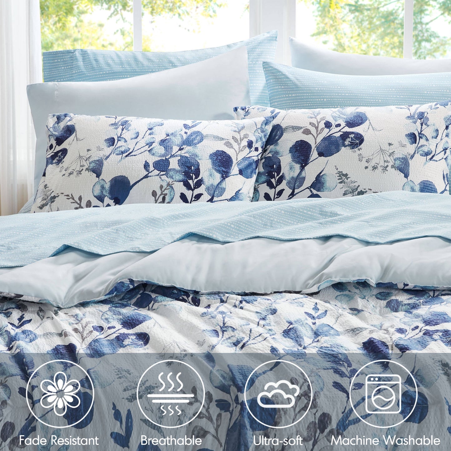 Seersucker Comforter Set with Sheets, Botanical Bed in A Bag