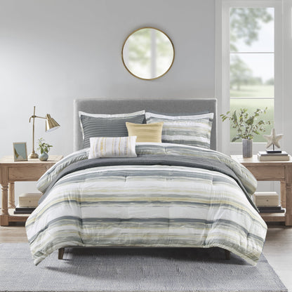 8 Piece Printed Seersucker Comforter and Quilt Set Collection, Yellow