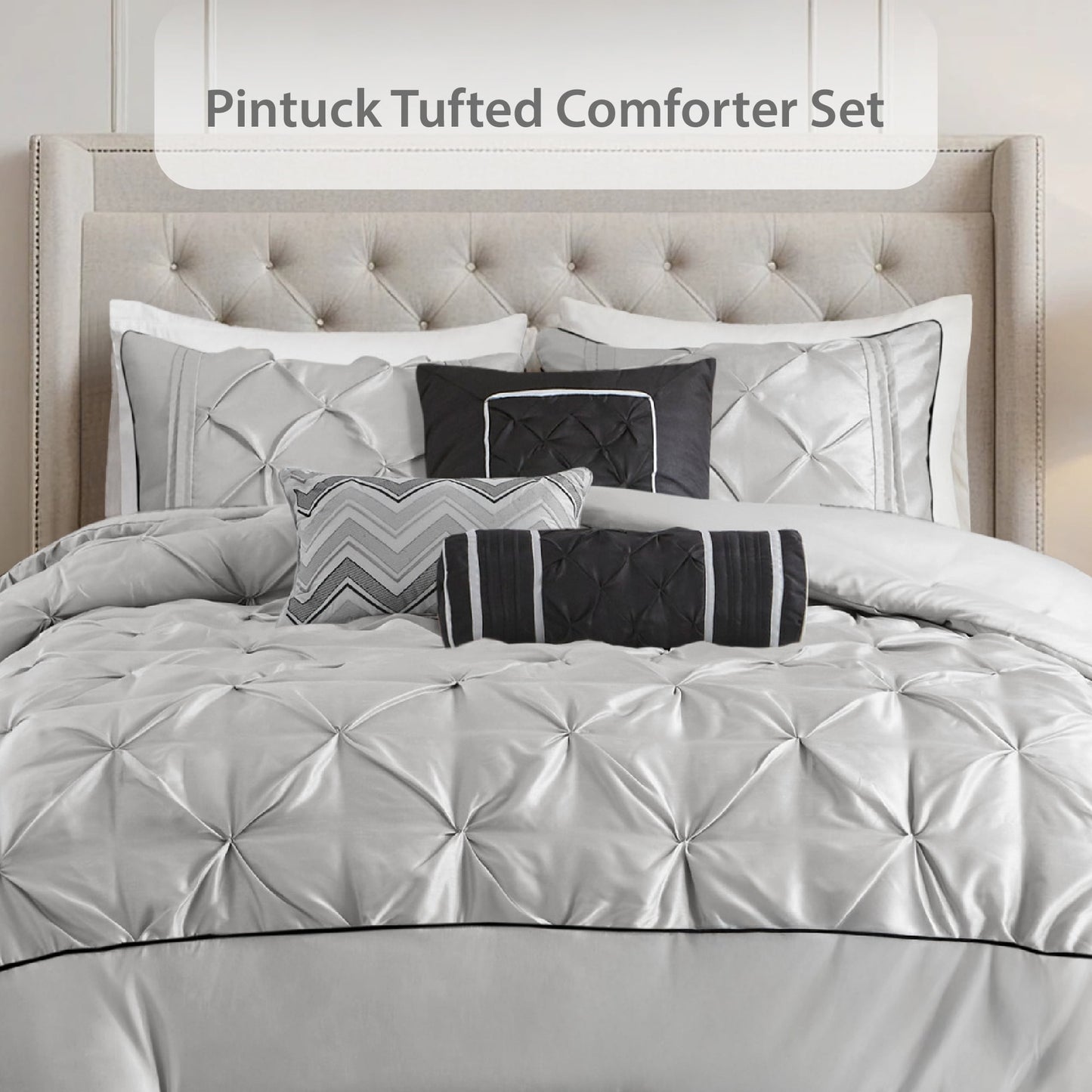 Tufted Pintuk Bed in a Bag Bed Set, Satin Luxury Grey Comforter Bedding Set with Decor Pillow