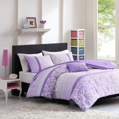 Comforter Sets 4-Piece Floral Kids Bed Sets for All Season Purple Bedding Comforter Sets for Girls