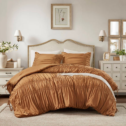 Romantic French Country Ruched Plush Comforter Set with Bow Ties