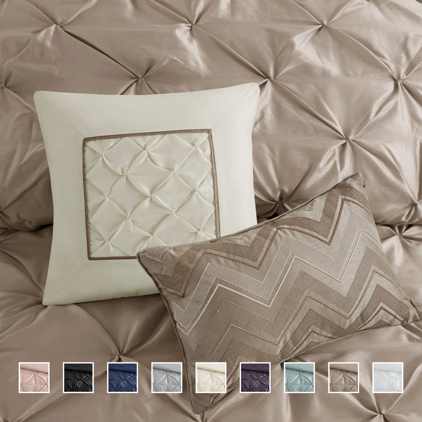 Tufted Pintuk Bed in a Bag Bed Set, Satin Luxury Grey Comforter Bedding Set with Decor Pillow