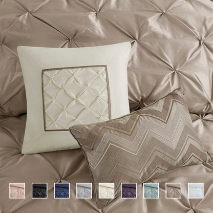 Tufted Pintuk Bed in a Bag Bed Set, Satin Luxury Grey Comforter Bedding Set with Decor Pillow