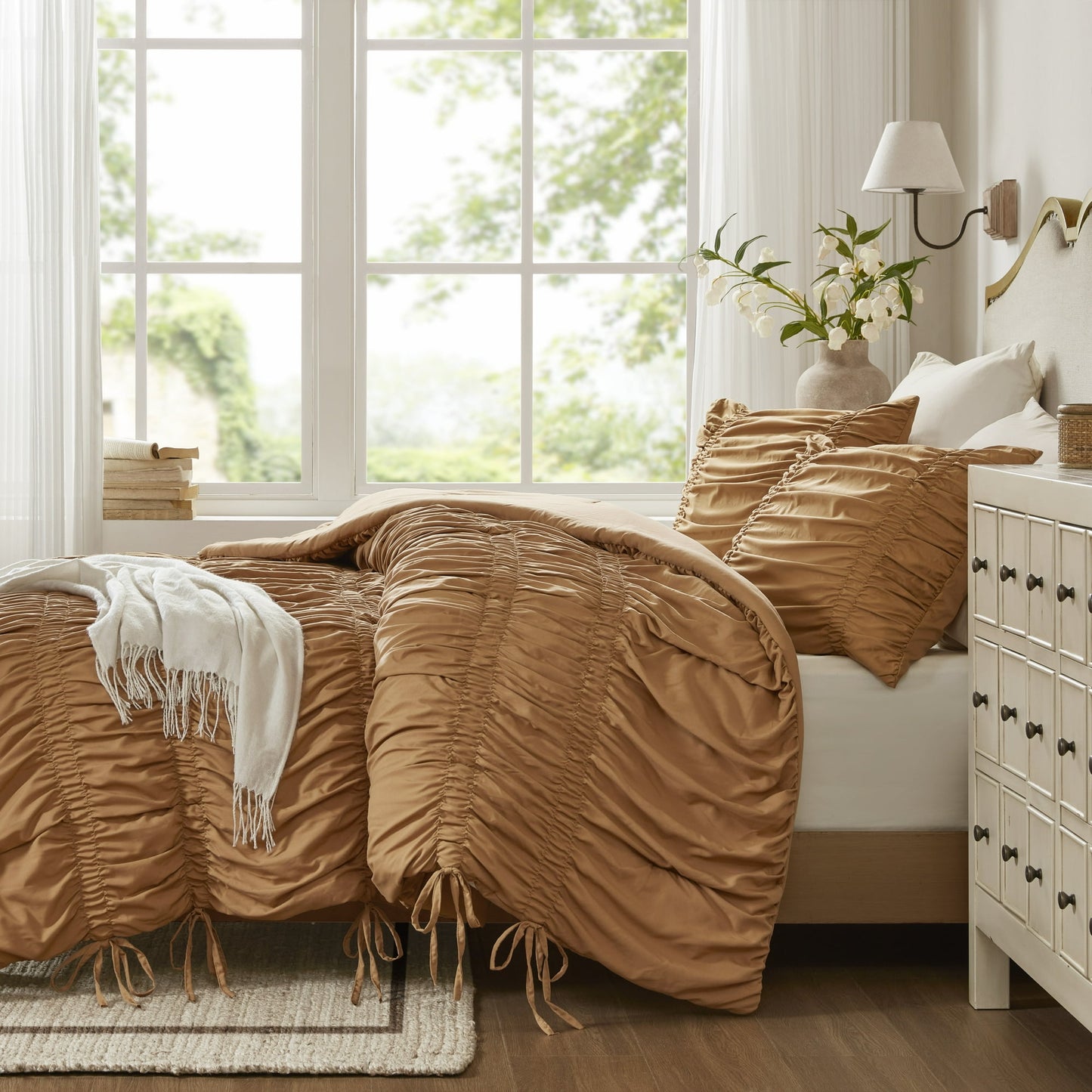Romantic French Country Ruched Plush Comforter Set with Bow Ties