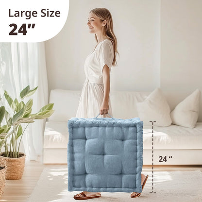 Tufted Floor Pillow for Seating, Square Meditation Cushion with Handle