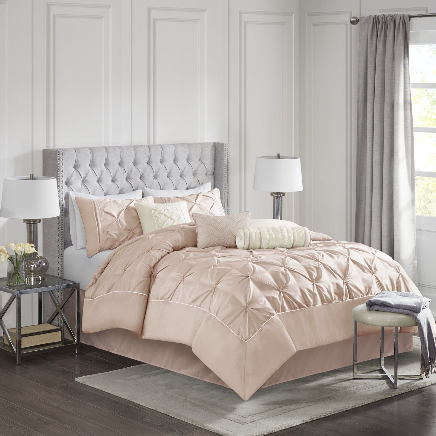 Tufted Pintuk Bed in a Bag Bed Set, Satin Luxury Grey Comforter Bedding Set with Decor Pillow