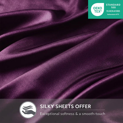 Satin Silky Bedding Sheet Set, Silky Sheen and Cloud-Soft Bed Sheet with Deep-Pocket Fitted Sheet