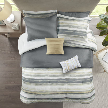 8 Piece Printed Seersucker Comforter and Quilt Set Collection, Yellow