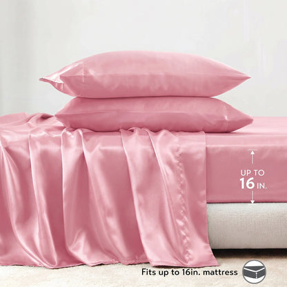 Satin Silky Bedding Sheet Set, Silky Sheen and Cloud-Soft Bed Sheet with Deep-Pocket Fitted Sheet