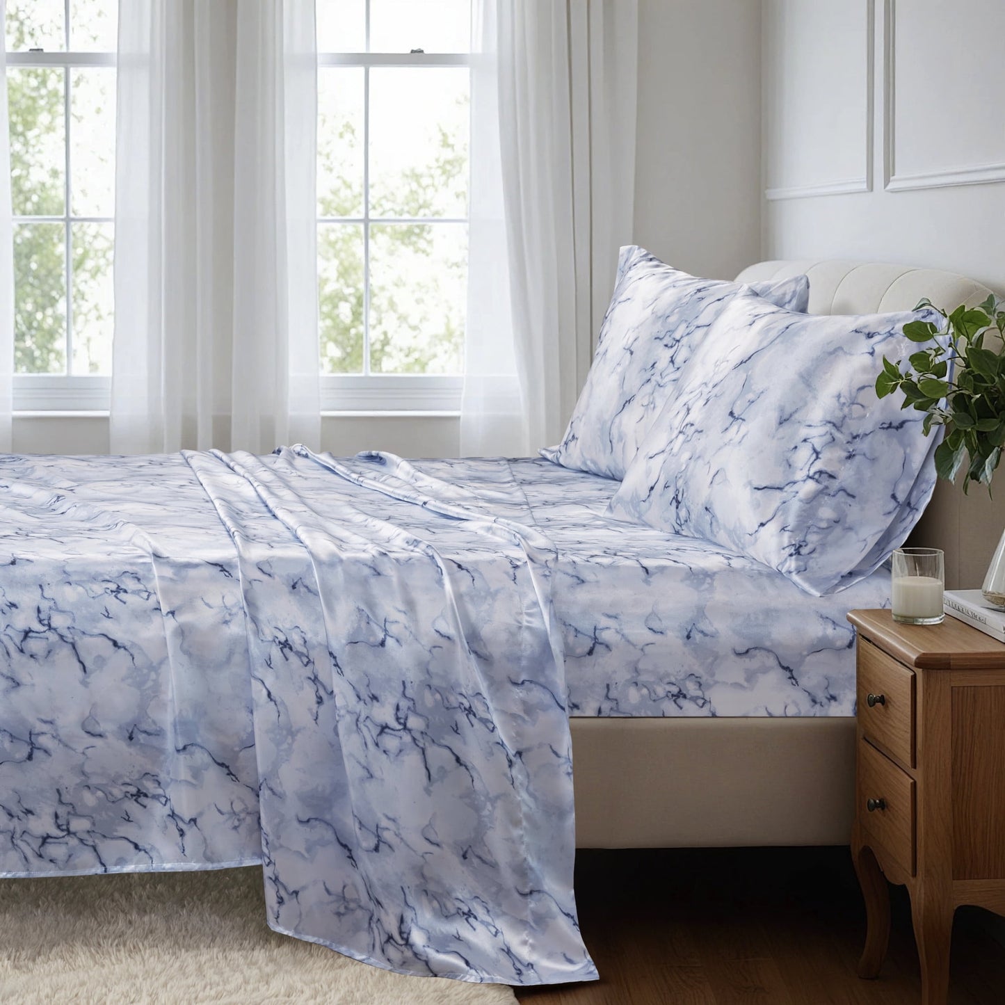Printed Satin Bed Sheets, 3-Piece Luxury Silky Bedding Sets with Pillowcase