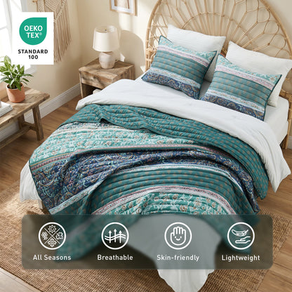 Boho Floral Reversible Patchwork Quilt Set with Pillowcases