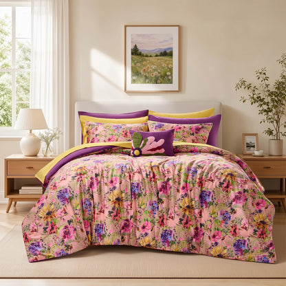 Boho Velvet Bed-in-a-Bag, 10-Piece Floral Reversible Bedding Set, Comforter with Sheet Set