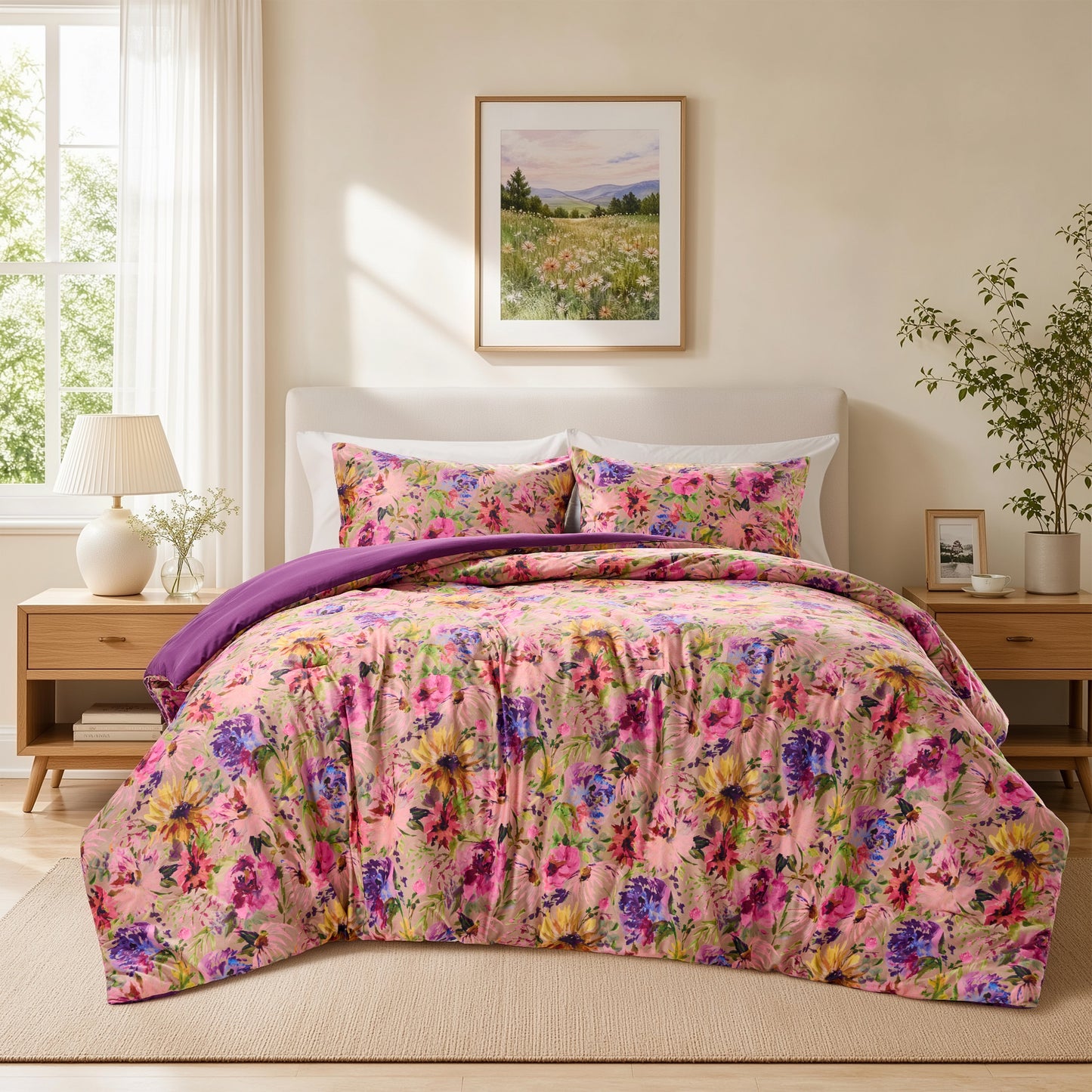 Boho Velvet Comforter Set, Floral Reversible Bedding Set, Comforter with Sham