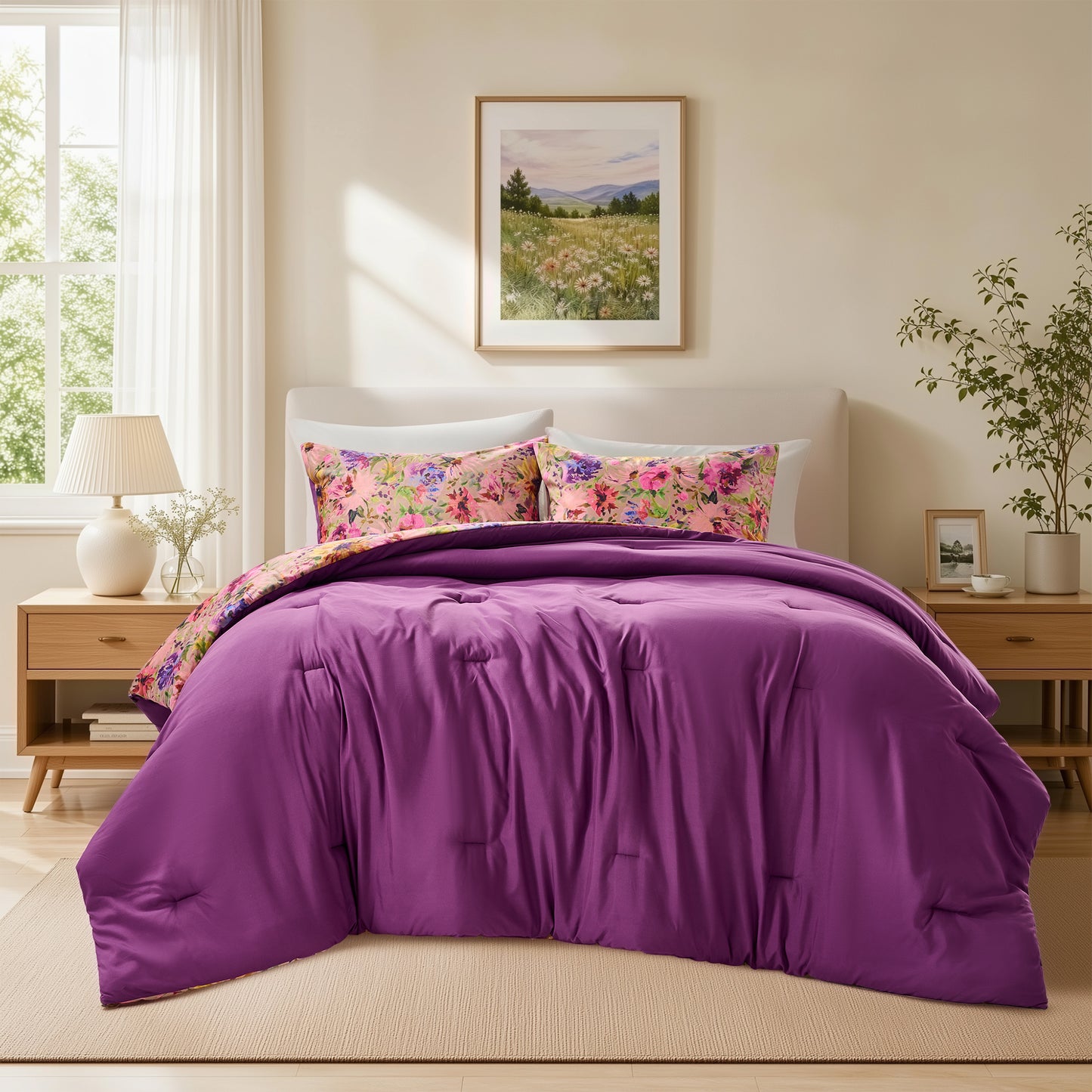 Boho Velvet Comforter Set, Floral Reversible Bedding Set, Comforter with Sham