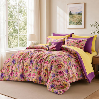 Boho Velvet Bed-in-a-Bag, 10-Piece Floral Reversible Bedding Set, Comforter with Sheet Set