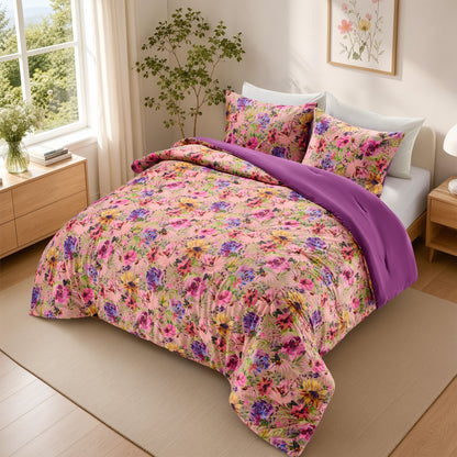 Boho Velvet Comforter Set, Floral Reversible Bedding Set, Comforter with Sham