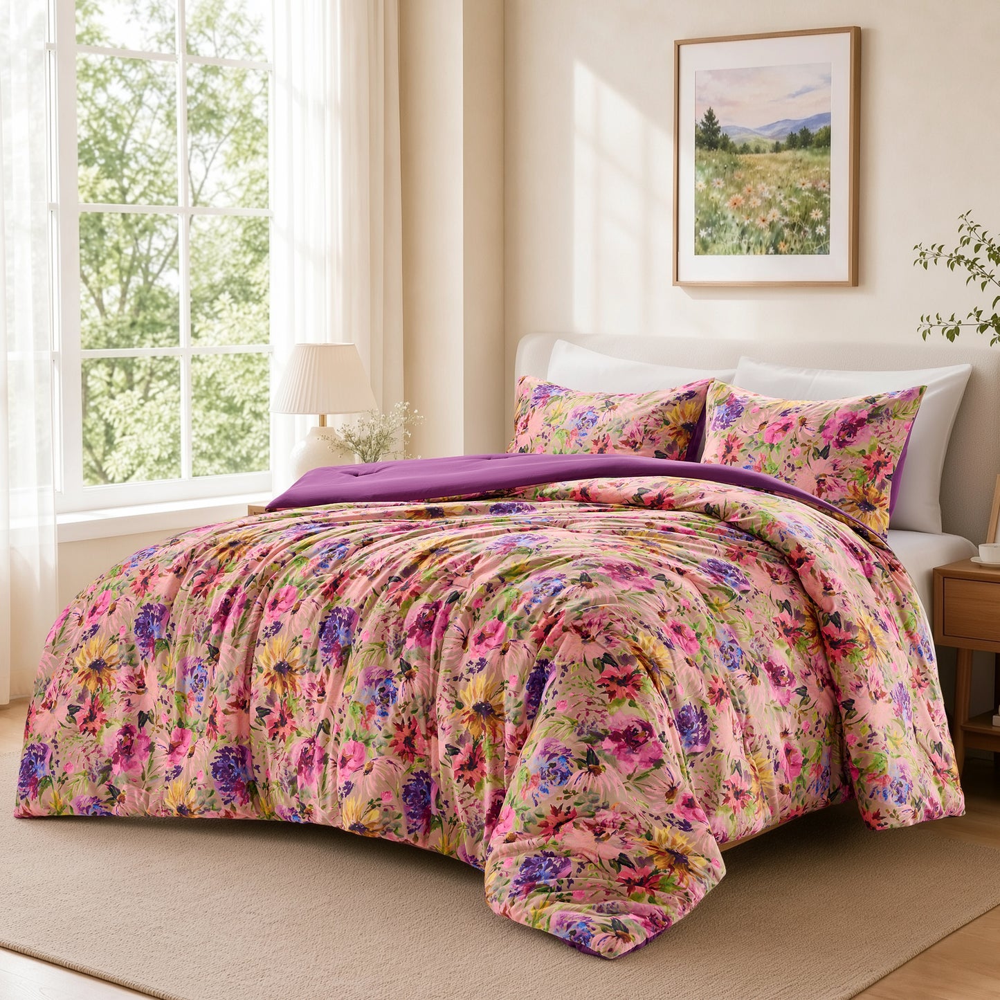 Boho Velvet Comforter Set, Floral Reversible Bedding Set, Comforter with Sham