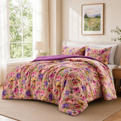 Boho Velvet Comforter Set, Floral Reversible Bedding Set, Comforter with Sham