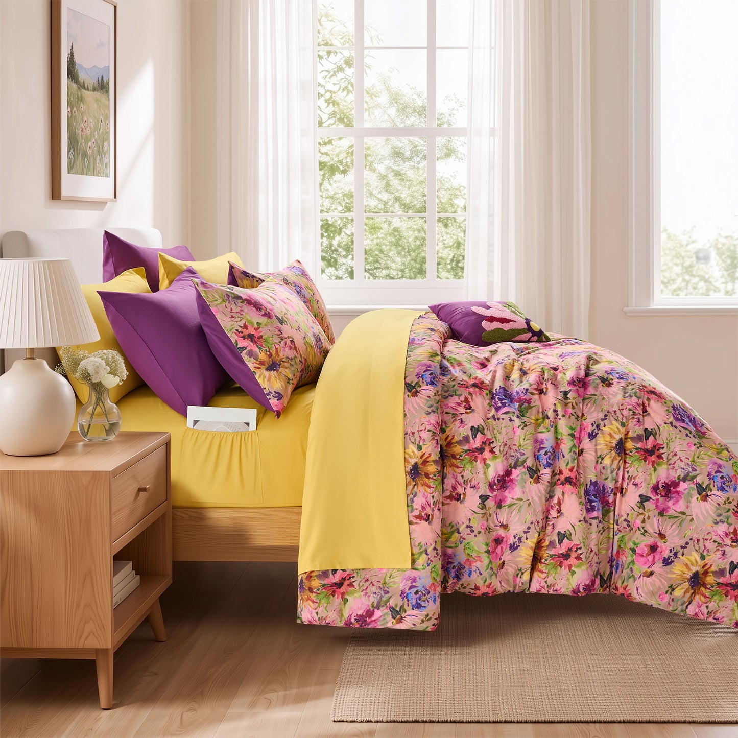 Boho Velvet Bed-in-a-Bag, 10-Piece Floral Reversible Bedding Set, Comforter with Sheet Set