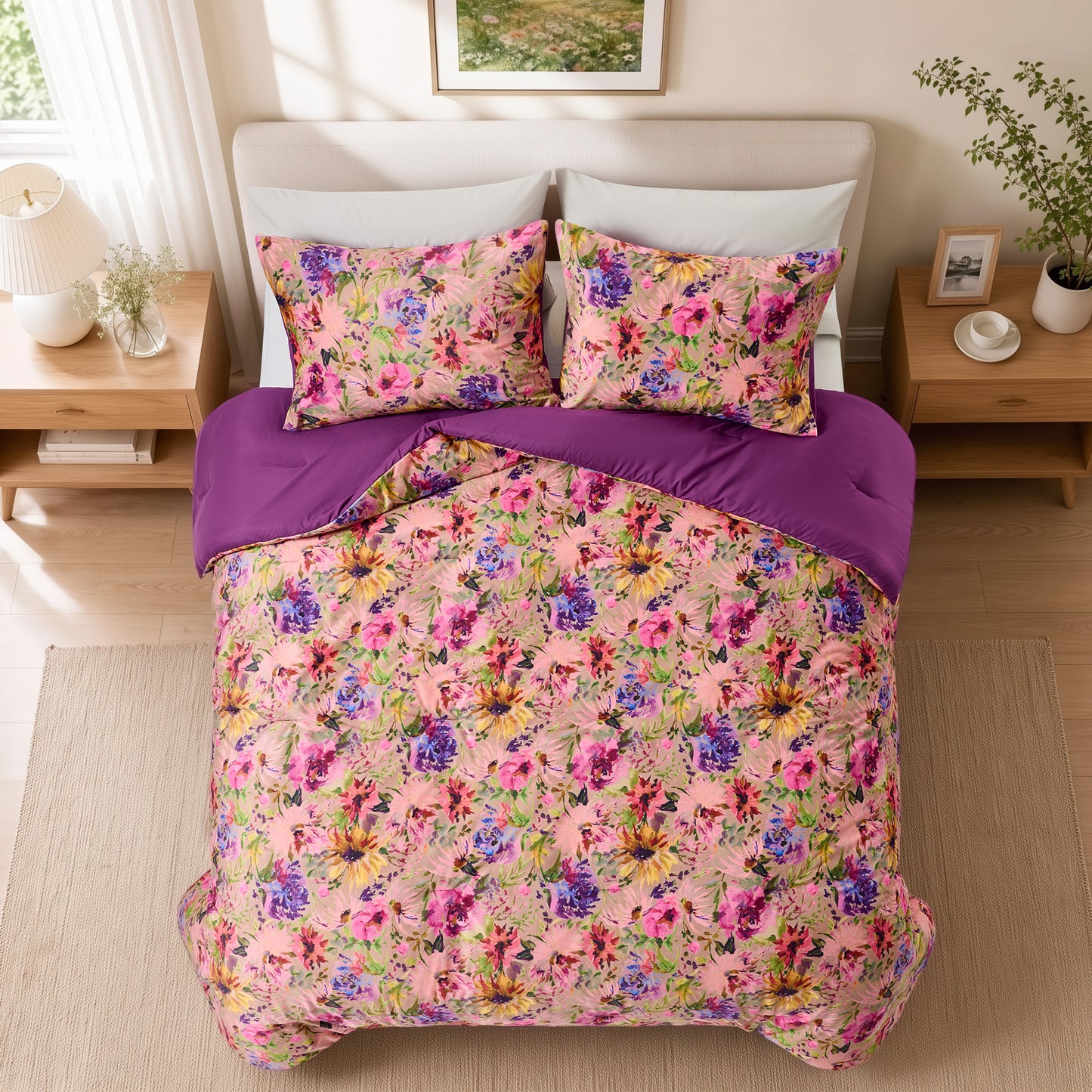 Boho Velvet Comforter Set, Floral Reversible Bedding Set, Comforter with Sham