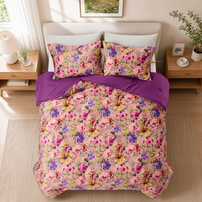 Boho Velvet Comforter Set, Floral Reversible Bedding Set, Comforter with Sham