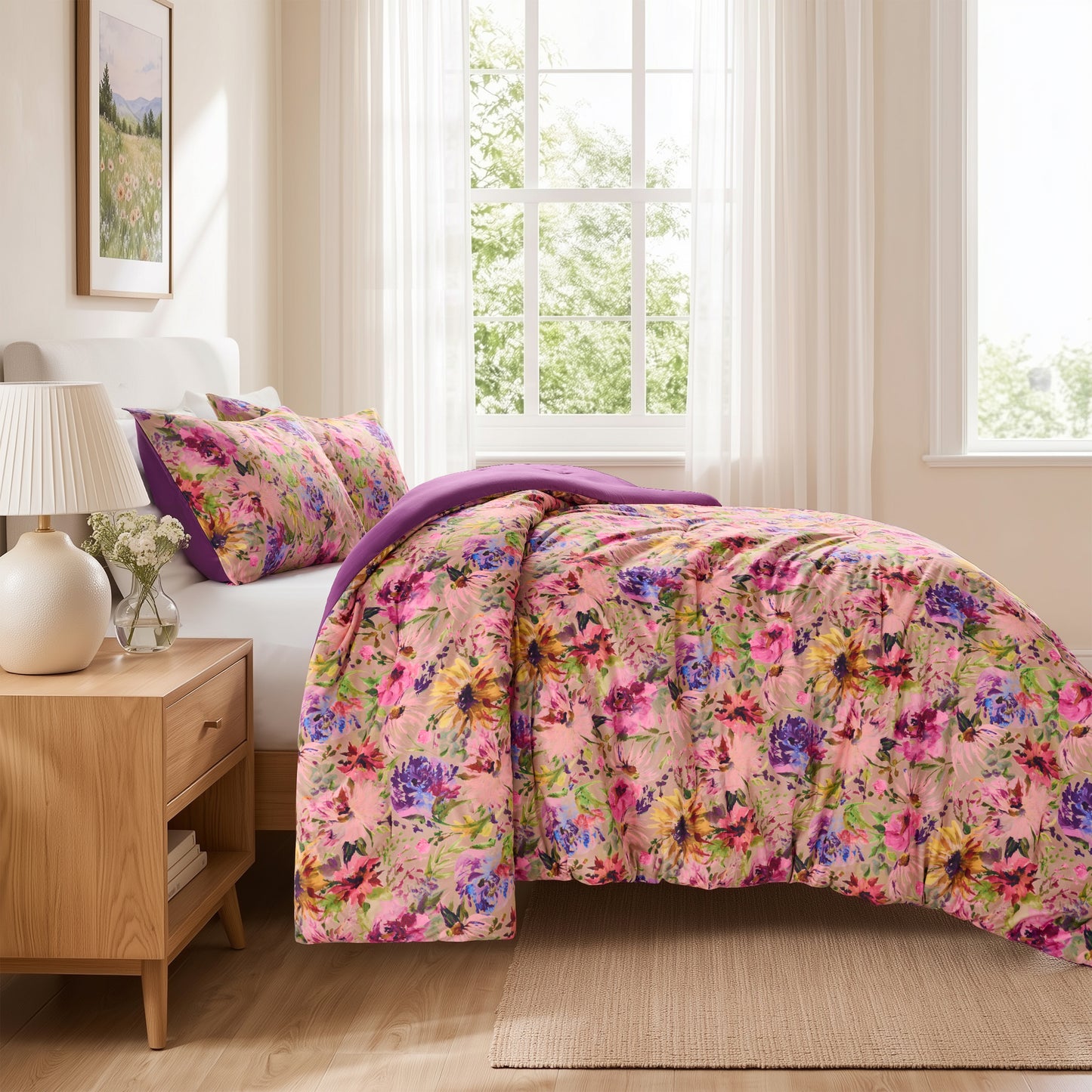 Boho Velvet Comforter Set, Floral Reversible Bedding Set, Comforter with Sham