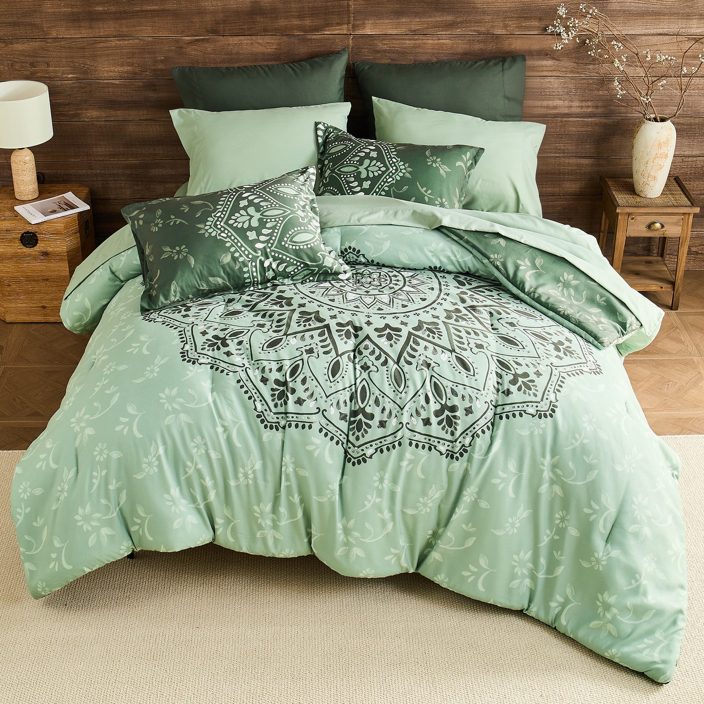 Oversized Medallion Print Comforter Set with Sheets and Side Pockets