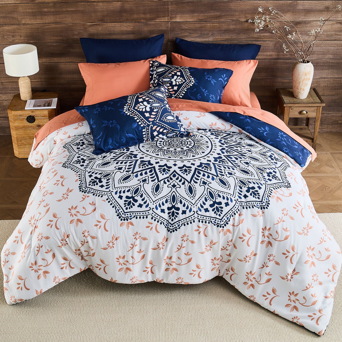 Oversized Medallion Print Comforter Set with Sheets and Side Pockets