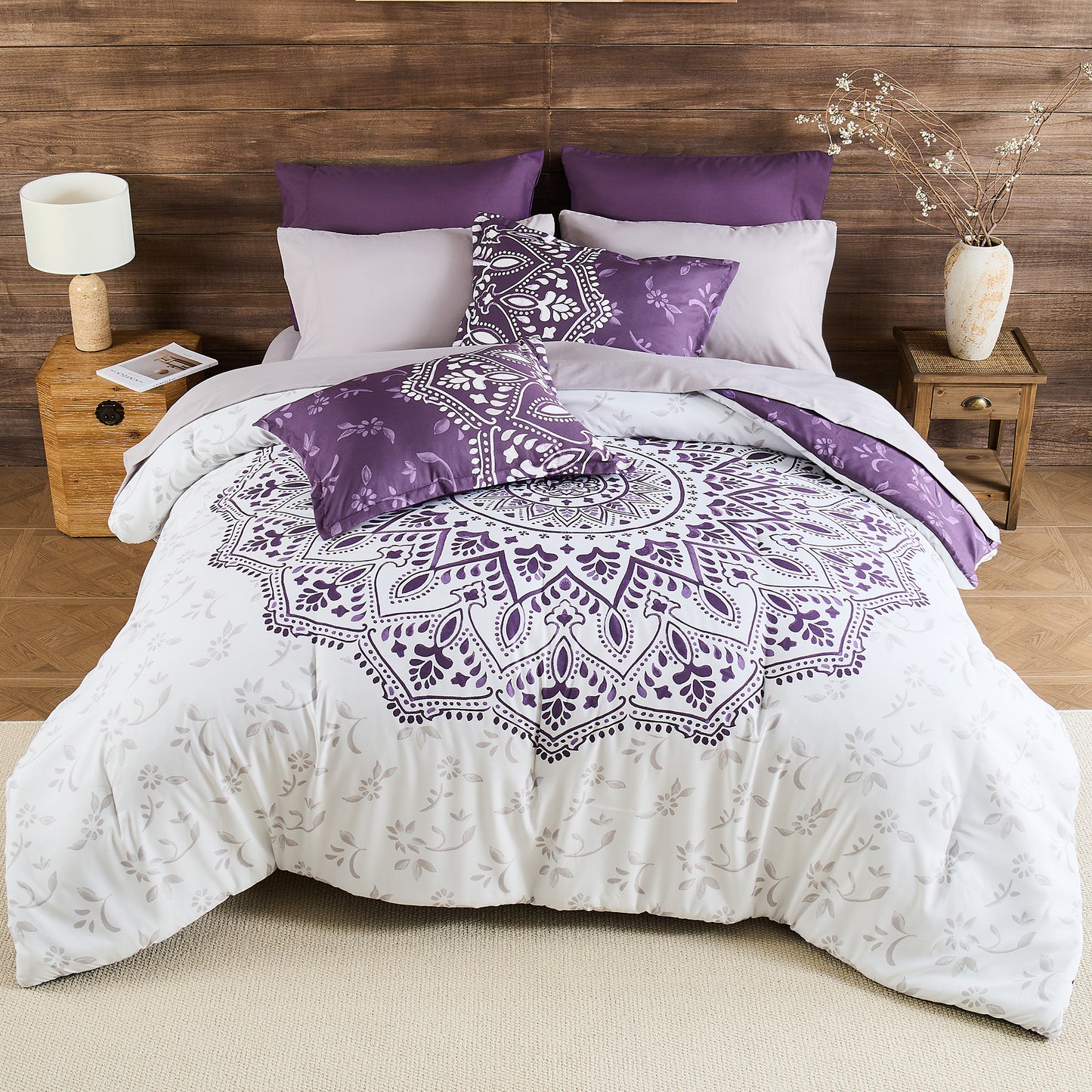 Oversized Medallion Print Comforter Set with Sheets and Side Pockets